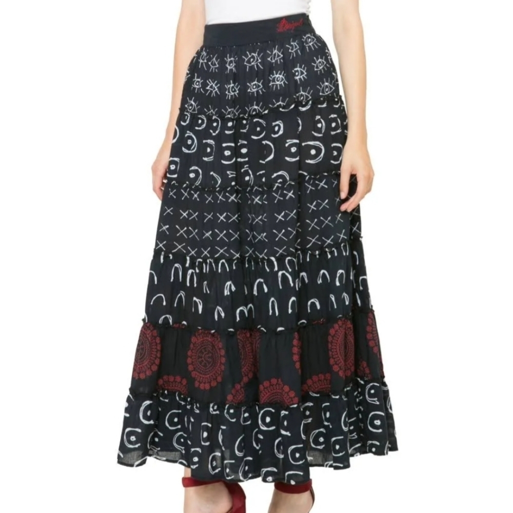 Desigual Eye and Mandala Print Tiered Boho Maxi Skirt